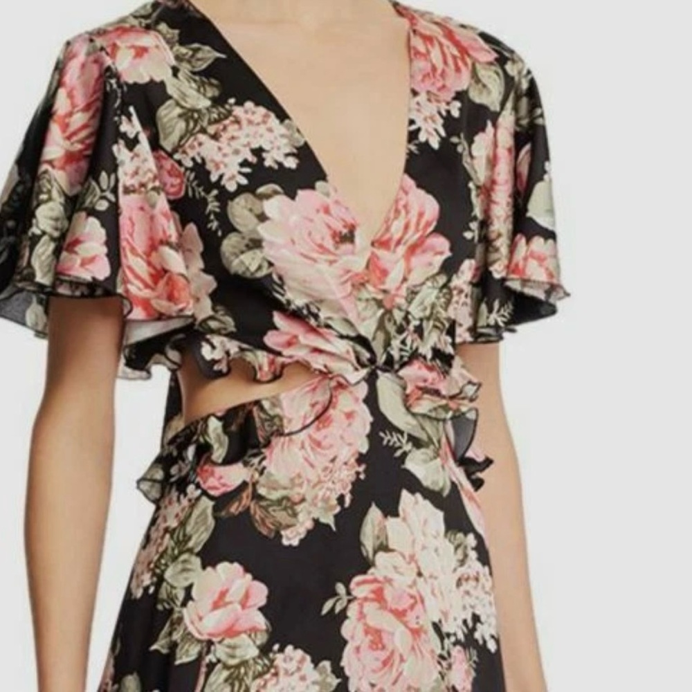 $845 Divine Heritage Women Blue V-Neck Floral Ruffle Flutter-Sleeve Midi Dress M - Picture 3 of 7